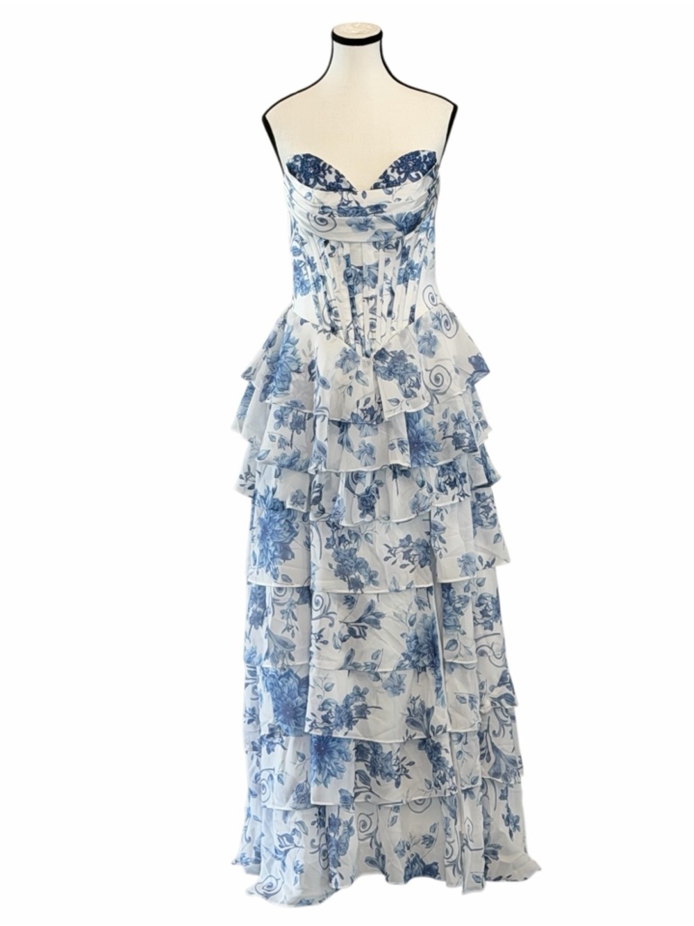 💙 Blue White Floral Corset Formal Dress A Line Ruffle Maxi Slit - Size 6 NWT